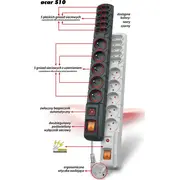 Strāvas sloksne Acar S10 pārsprieguma aizsargs. 10 ligzdas. 3 m. melns W0129 Listwa gniazd czarna
