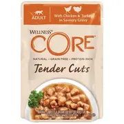 Brit Core Tender Cuts. mitrā barība pieaugušiem kaķiem ar vistu un tītaru mērcē. 85G. paciņa. 8 gab/DISPLEJS Karma mokra dla kurczakiem indykiem sosie. saszetka. 8Szt/Display