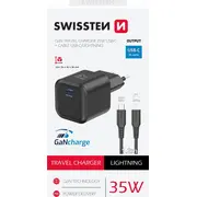 Swissten Travel Charger Gan Usb-C 35W Pd datu kabelis Usb-C-Lighting 1.2M Data Cable Lightning