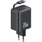 Usams Charger Lod. tīklu. 1Xusb-C ar izvelkamu Usb-C Izvelkams PdQc Gan ātrās uzlādes kabelis. melns/melns Yc Sērija Cc233Tc01 Us-Cc233 Siec. ze zwijanym kablem Retractable 20W Fast Charging czarny/black Yc Series