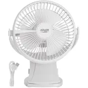 Adler atkārtota iespraužama galda ventilators Ad 7342 Tabula ventilatora baltas diametrs 15.5 cm Greičių Skaičius 3 svārstības 5 W Rechargeable Clip-On Desk Fan Table Baltas Diameter Oscillation
