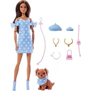 Mattel Twinning Looks lelle Bārbija pieskaņots punktveida stils ar suni Jfp38 Lalka Barbie Jednakowa stylizacja groszki pieskiem