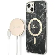 Guess lādētājs Komplekts futrālis bezvadu Gubpp14Shmeacsk Apple iPhone 14 melns/melns cietais maciņš Marble Magsafe Zestaw etui bezprzewodowa czarny/black hard case