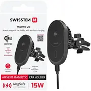 Swissten magnētiskais automašīnas turētājs Magride ar bezvadu lādētāju Qi2 15W Saderīgs Magsafe Magnetic Car Holder with Wireless Charger compatible