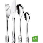 Wmf Safari bērnu galda piederumi. 4 gab. no 3 gadiem. pulēts Cromargan nerūsējošais tērauds. mazgājams trauku mašīnā Safari. sztuki od lat. polerowana stal nierdzewna Cromargan. zmywarce