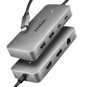 Usb centrmezgls Axagon Hmc-Cub83X2. 10 Gbps centrmezgls. 2X Usb-A. Usb-C. Hdmi Dp 4K/144Hz. Rj-45 Glan. Pd 100W. Usb-C kabelis 15 cm Hub 10Gbps hub. kabel 15Cm
