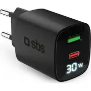 Sbs Pd ceļojumu lādētājs 30W Usb-C/18W Usb Lcd Gan Black Travel Charger black