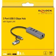 Delock 3 Usb ports 5 Gbps Hub Gigabit Lan ar C tipa Usb. dokstacija Pelēkā Port with Type-C. Docking Station grey