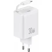 Usams Charger Lod. tīklu. 1Xusb-C ar izvelkamu Usb-C Izvelkams PdQc Gan ātrās uzlādes kabelis. balts/balts Yc Sērija Cc241Tc02 Us-Cc241 Siec. ze zwijanym kablem Retractable 30W Fast Charging Yc Series