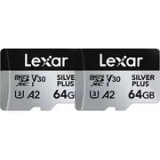 Set of 2 Lexar High-Performance Silver Plus microSDXC 2X64Gb memory cards  adapter Lmssipl064G-B2Ang 843367135110 076036