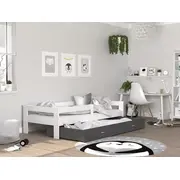 Bērnu gulta Hugo Mdf 80X160 ar stelāžu Guļamvietas platums 80 cm, garums 160 Platums 85 Garums 169 Augstums 56 Ar resti 1, barjeru veļas kasti Virsma Matēta, Guļamvietu skaits Korpusa krāsa balts, Elementu pelēks, Izgatavošanas materi