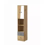 Skapis Nero 05 Platums 40 cm, Dziļums Augstums 191 Korpusa krāsa ozols artisan  balts, Izgatavošanas materiāls Ksp, Virsma Matēta, Elementu pelēks, Plauktu skaits 4, Atvilktņu 2, Durvju Ar atvilktnēm 1, spoguli nē, ar plauktiem 1