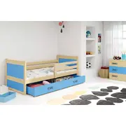 Bērnu gulta Rico Single Pine ar stelāžu  Guļamvietas platums 90 cm, garums 200 Platums 97 Garums 205 Augstums 73 Ar resti 1, matraci veļas kasti Virsma Matēta, Guļamvietu skaits Korpusa krāsa Priede, Elementu gaiši zils, Izgatavošanas