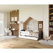 Bērnu gulta Happy 80X140 ar stelāžu Guļamvietas platums 80 cm, garums 140 Platums 85 Garums 143 Augstums 65 Ar resti 1, barjeru veļas kasti Virsma Matēta, Guļamvietu skaits Korpusa krāsa balts, Elementu pelēks, Izgatavošanas materiāls