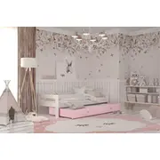 Bērnu gulta Hugo P2 Mdf 80X190 ar stelāžām Guļamvietas platums 80 cm, garums 190 Platums 85 Garums 199 Augstums 56 Ar resti 1, barjeru Virsma Matēta, Guļamvietu skaits 2, Korpusa krāsa balts, Elementu rozā, Izgatavošanas materiāls Ksp