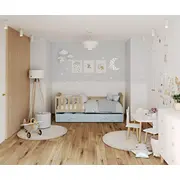 Bērnu gulta Kubus P 80X160 ar stelāžu  Guļamvietas platums 80 cm, garums 160 Platums 86 Garums 168 Augstums 74 Ar resti 1, barjeru veļas kasti Virsma Matēta, Guļamvietu skaits Korpusa krāsa Priede, Elementu gaiši zils, Izgatavošanas m