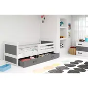 Bērnu gulta Rico Single White ar stelāžu  Guļamvietas platums 80 cm, garums 190 Platums 87 Garums 195 Augstums 73 Ar resti 1, matraci veļas kasti Virsma Matēta, Guļamvietu skaits Korpusa krāsa balts, Elementu grafīts, Izgatavošanas m