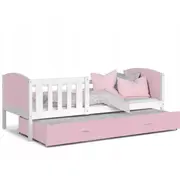 Bērnu gulta Tami P2 Mdf 90X200 ar stelāžām Guļamvietas platums 90 cm, garums 200 Platums 96 Garums 208 Augstums 74 Ar resti 1, barjeru Virsma Matēta, Guļamvietu skaits 2, Korpusa krāsa balts, Elementu rozā, Izgatavošanas materiāls plātne