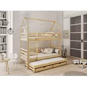 Bērnu gulta Dalia ar stelāžām Guļamvietas platums 80 cm, garums 160 Platums 87 Garums 168 Augstums 217 Attālums starp stāviem 75.5 no grīdas līdz matracim 29 Ar resti 1, veļas kasti torni Guļamvietu skaits 3, stelāžas tips kok