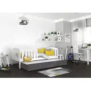 Bērnu gulta Kubus P2 Mdf 80X190 ar stelāžām Guļamvietas platums 80 cm, garums 190 Platums 86 Garums 198 Augstums 74 Ar resti 1, barjeru Virsma Matēta, Guļamvietu skaits 2, Korpusa krāsa balts, Elementu pelēks, Izgatavošanas materiāls plātn