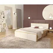 Gulta Panama T Craft ar stelāžu Guļamvietas platums 140 cm, Korpusa krāsa ozols kraft, garums 200 stelāžas tips koka, Platums 144 Garums 205 Elementu balts, Augstums 81 Apdares materiāls audums, no grīdas līdz matracim Min 42 Ar resti 