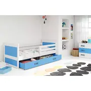 Bērnu gulta Rico Single White ar stelāžu  Guļamvietas platums 80 cm, garums 190 Platums 87 Garums 195 Augstums 73 Ar resti 1, matraci veļas kasti Virsma Matēta, Guļamvietu skaits Korpusa krāsa balts, Elementu gaiši zils, Izgatavošana