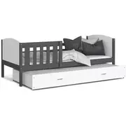 Bērnu gulta Tami P2 Mdf 90X200 ar stelāžām Guļamvietas platums 90 cm, garums 200 Platums 96 Garums 208 Augstums 74 Ar resti 1, barjeru Virsma Matēta, Guļamvietu skaits 2, Korpusa krāsa Pelēka, Elementu Balts, Izgatavošanas materiāls plātne
