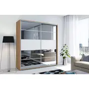 Skapis Modern A6 Platums 100 cm, Dziļums 62 Augstums 215 Izgatavošanas materiāls Lksp, Virsma Matēta, Plauktu skaits 6, Durvju 2, Bīdāmās durvis 1, Ar spoguli jā, ar plauktiem Krāsa ozols craft zelts