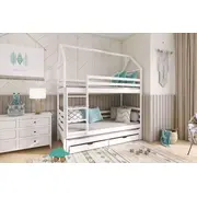 Bērnu gulta Dalia ar stelāžām Guļamvietas platums 80 cm, garums 160 Platums 87 Garums 168 Augstums 217 Attālums starp stāviem 75.5 no grīdas līdz matracim 29 Ar resti 1, veļas kasti torni Guļamvietu skaits 3, stelāžas tips kok