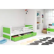 Bērnu gulta Rico Single White ar stelāžu  Guļamvietas platums 80 cm, garums 190 Platums 87 Garums 195 Augstums 73 Ar resti 1, matraci veļas kasti Virsma Matēta, Guļamvietu skaits Korpusa krāsa balts, Elementu zaļš, Izgatavošanas mate