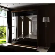 Skapis Top 32 ar Led Ar 1, Platums 150 cm, Dziļums 62 Augstums 200 Izgatavošanas materiāls Lksp, Plauktu skaits 6, Durvju 2, Bīdāmās durvis spoguli jā, plauktiem Krāsa tumšais osis