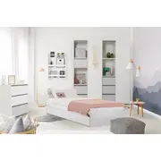 Bērnu gulta Dalia 90X200 ar stelāžu Guļamvietas platums 90 cm, garums 200 Platums 94 Garums 204 Augstums 76 Ar resti 1, veļas kasti Virsma Matēta, Guļamvietu skaits Korpusa krāsa balts, Elementu Balts, Izgatavošanas materiāls laminēta Ksp p
