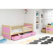 Bērnu gulta Rico Single Pine ar stelāžu  Guļamvietas platums 90 cm, garums 200 Platums 97 Garums 205 Augstums 73 Ar resti 1, matraci veļas kasti Virsma Matēta, Guļamvietu skaits Korpusa krāsa Priede, Elementu rozā, Izgatavošanas mater