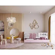 Bērnu gulta Tami P Mdf 90X200 ar stelāžu Guļamvietas platums 90 cm, garums 200 Platums 96 Garums 208 Augstums 74 Ar resti 1, barjeru veļas kasti Virsma Matēta, Guļamvietu skaits Korpusa krāsa balts, Elementu rozā, Izgatavošanas materi