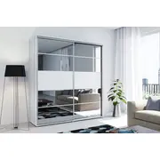 Skapis Modern A6 Platums 100 cm, Dziļums 62 Augstums 245 Izgatavošanas materiāls Lksp, Virsma Matēta, Plauktu skaits 6, Durvju 2, Bīdāmās durvis 1, Ar spoguli jā, ar plauktiem Krāsa balts