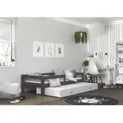 Bērnu gulta Hugo P2 Mdf 80X190 ar stelāžām Guļamvietas platums 80 cm, garums 190 Platums 85 Garums 199 Augstums 56 Ar resti 1, barjeru Virsma Matēta, Guļamvietu skaits 2, Korpusa krāsa Pelēka, Elementu Balts, Izgatavošanas materiāls Ksp