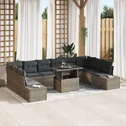 vidaXL Dārza dīvānu komplekts 11 daļas Grey rattan, poliestera spilveni  3357992 8721288381958