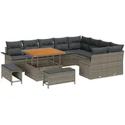 vidaXL 12 daļu dārza dīvānu komplekts ar spilveniem Grey rattan akācija, 3 ēdamistabas divvietīgs dīvāns  3362168 8721288422873