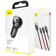 Auto lādētājs Baseus ar digitālo displeju 2Xusb un 3-In-1 kabeli 1.2M, 24W 4.8A, Black/Gray Tzccbx-0G  6953156215405