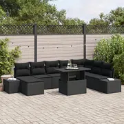 vidaXL Dārza dīvānu komplekts 9 gab. Black rattan, poliestera spilveni  3349239 8721158993533