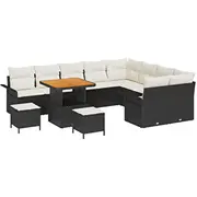 Dārza dīvānu komplekts vidaXL 12 daļas ar spilveniem Black poli rattan akācija, ēdamistabas 3 dārza dīvāns divvietīgs  3362170 8721288422897