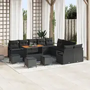 Āra dīvānu komplekts vidaXL 13 daļas ar spilveniem Black Poli rattan Acacia, 2 vietu āra dīvāns glabāšanas un rattan, ēdamistabas mēbeļu 3 A  3364529 8721288446480