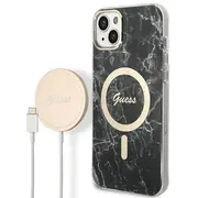 Lādētājs Guess komplekts maciņš  bezvadu lādētājs Gubpp14Shmeacsk Apple iPhone 14 Black cieta aizmugures vāciņš Marble Magsafe Gue2310 3666339103118