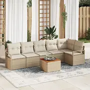 vidaXL Dārza dīvānu komplekts 7 daļās ar spilveniem Beige poli rattan akācija, divvietīgs dārza dīvāns  3347715 8721158978295