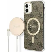 Lādētājs Guess komplekts maciņš  bezvadu lādētājs Gubpn61H4Eacsw Apple iPhone 11 brown cieta aizmugures vāciņš 4G Print Magsafe Gue2281 3666339103385