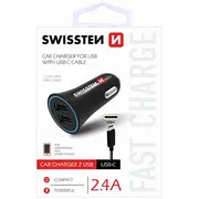Swissten Auto Lādētājs 12 / 24V 1A  2.1A Usb-C Datu Kabelis 1M Sw-Cch-2.4Atypc-B 8595217453494