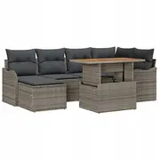 7 daļu dārza dīvānu komplekts ar spilveniem Grey Rattan Poliester Akācija, divvietīgs dīvāns  3349481 8721158995957