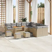 vidaXL 14 daļu dārza atpūtas mēbeļu komplekts ar spilveniem beige poli ratāns akācija, 4 āra ēdamistabas akācija  3361552 8721288416711