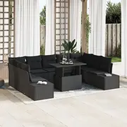 vidaXL Dārza dīvānu komplekts 10 daļas Black rattan, poliestera spilveni  3357986 8721288381897