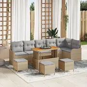 Dārza dīvānu komplekts vidaXL 9 daļas ar spilveniem beige poliratāns akācija, divvietīgs dārza dīvāns poliratāns, 3 daļu ēdamistabas akācija  3362287 8721288424068